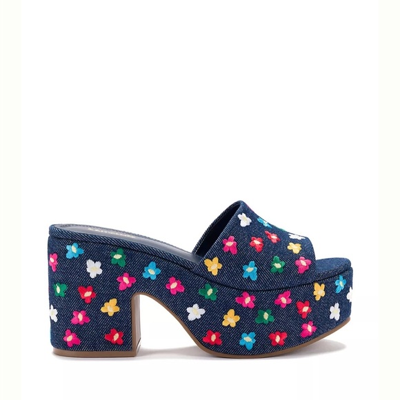 Larroude Shoes - Larroude Miso Platform Deep Blue Denim Multi Color Flowers